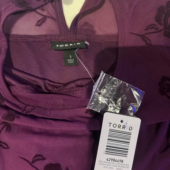 Torrid Deep Purple Floral Fit & Flair Midi Dress With Bell Sleeves.  NWT - Picture 3 of 7